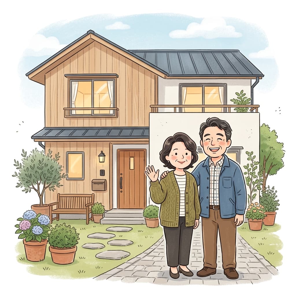 仲介売却での住み替え相談をイメージした、タブレットを見るシニア夫婦のイラスト