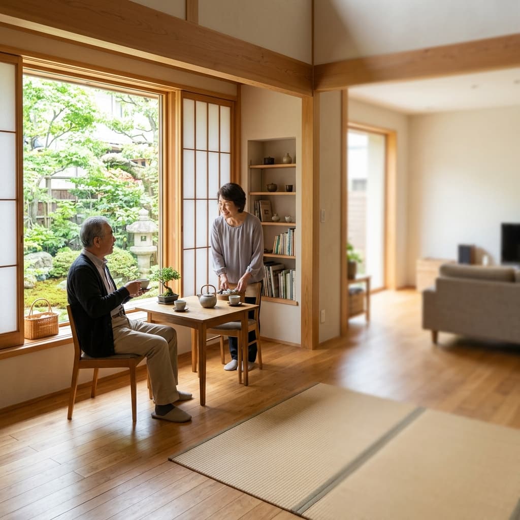 明るい和室のリビングで自然に過ごすシニア夫婦(リースバック)