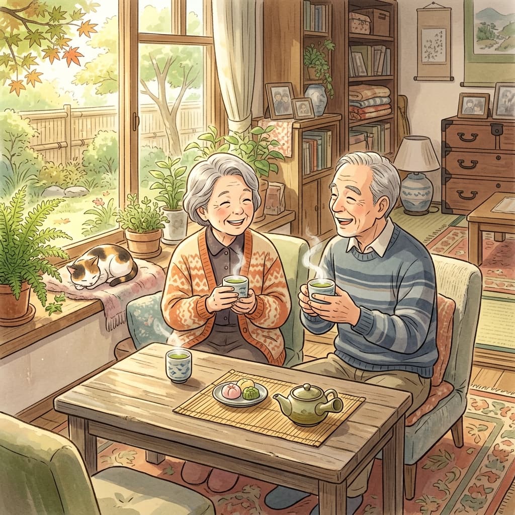 老後の資金を確保してゆとりある生活を送るシニア夫婦のイメージイラスト