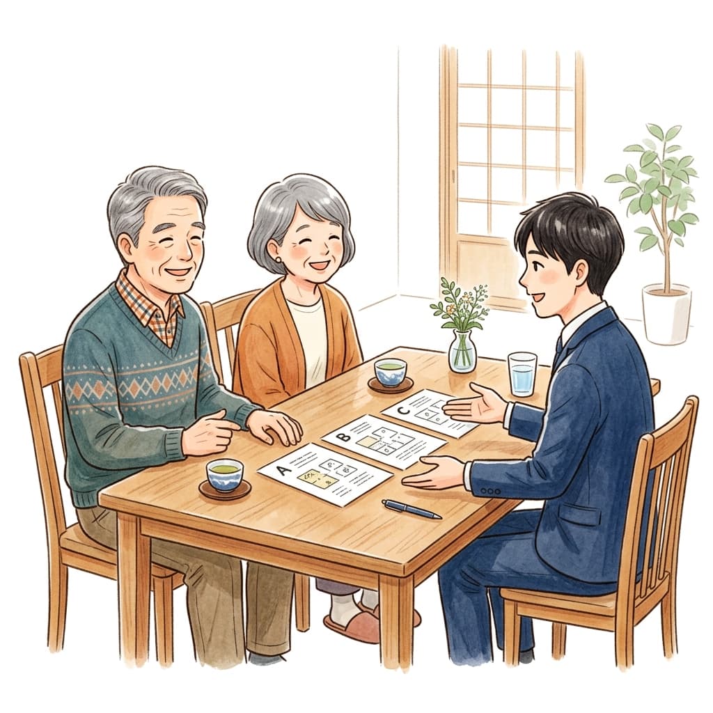 仲介と買取の条件を天秤にかけて中立に比較するイメージイラスト