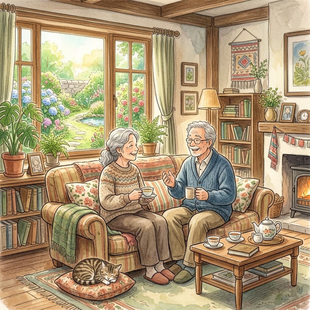 ソファーで穏やかにくつろぎ、しつこい営業電話に悩まされないシニア夫婦のイラスト