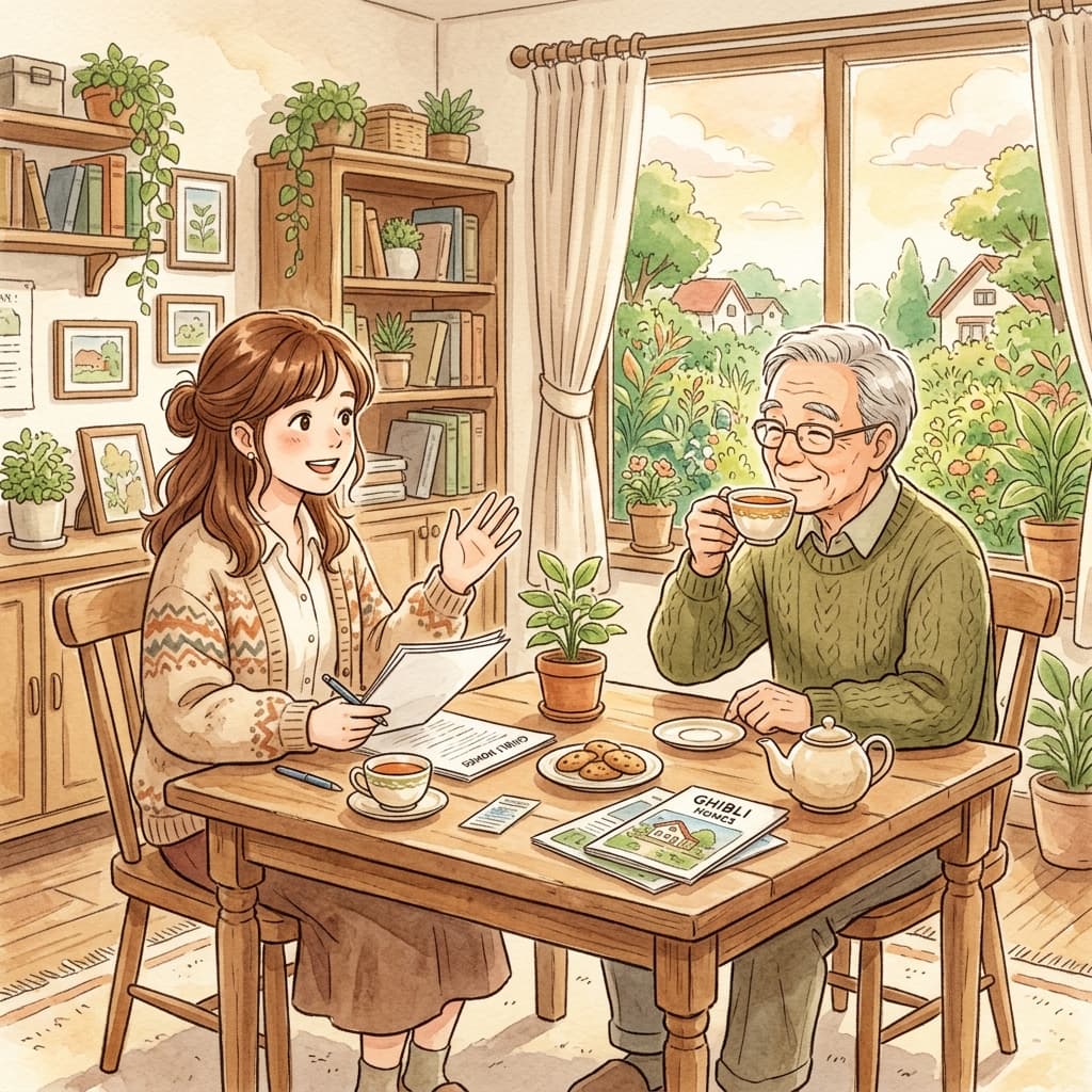 無理な勧誘や契約を強要せず、相談者の意思を尊重して笑顔で寄り添うアドバイザーのイラスト