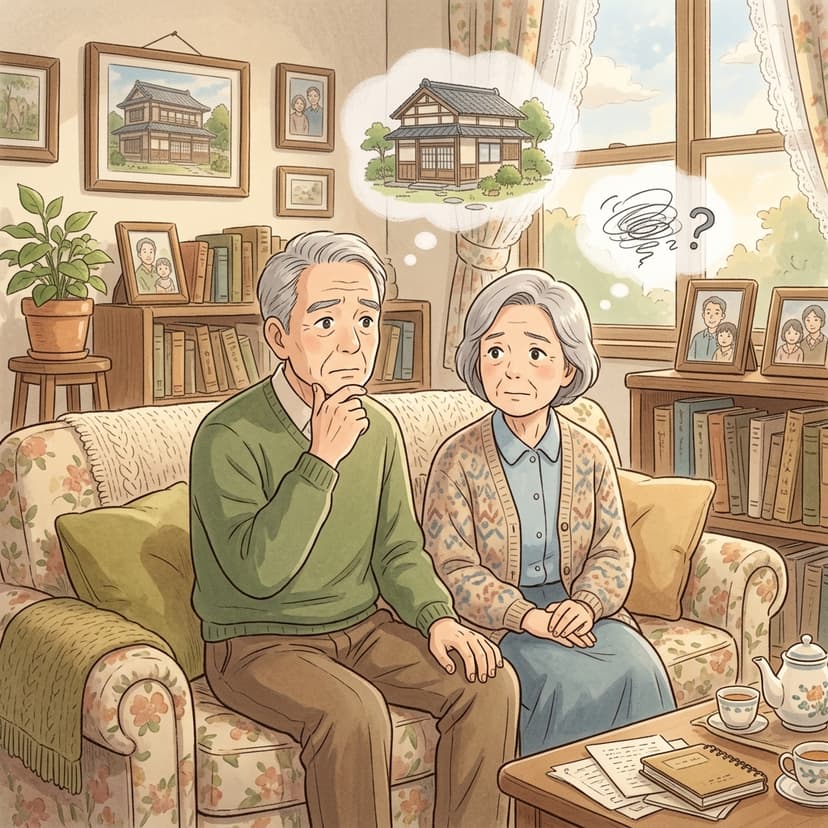 自宅の売却や老後資金のやり繰りについて不安そうに話し合うシニア夫婦のイラスト