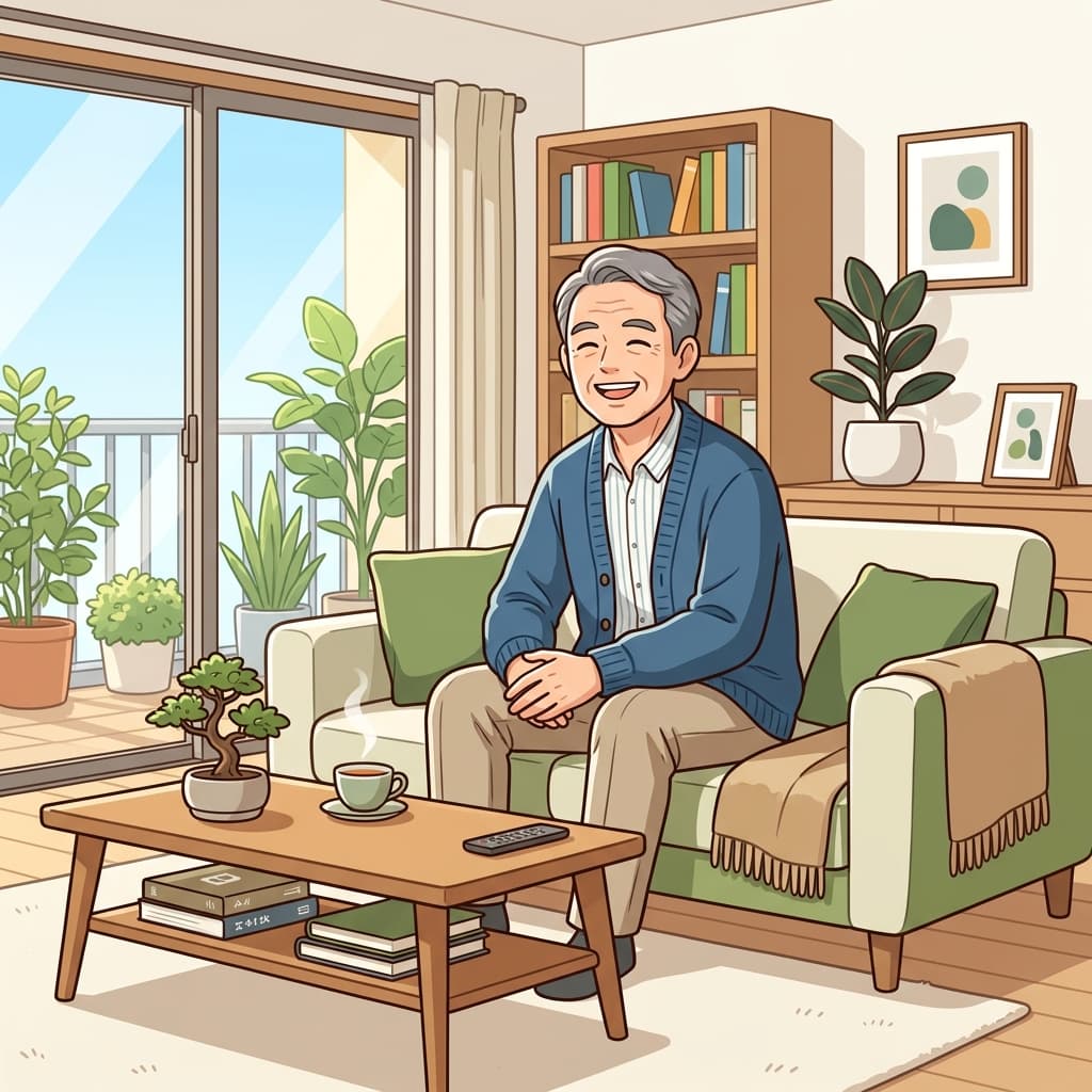 リースバックで一人暮らしの自宅を売却し、リビングのソファーで快適にくつろぐシニア男性のイメージイラスト
