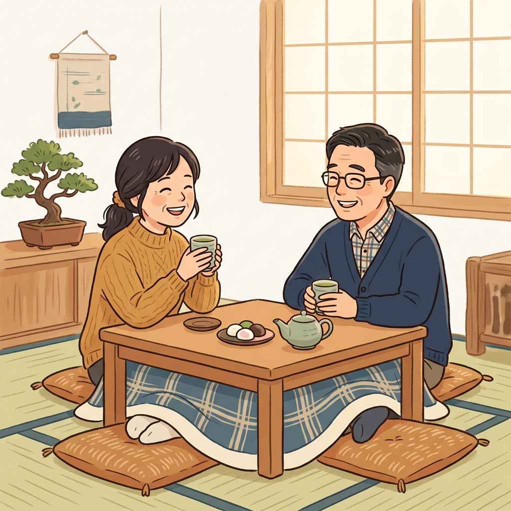 リースバックで資金を確保したシニア夫婦が、自宅で笑顔でお茶を飲むイメージイラスト
