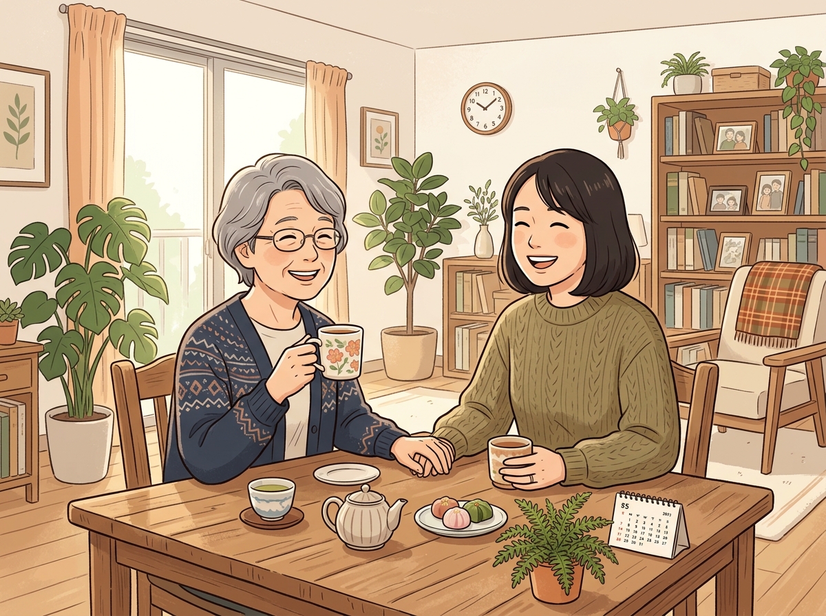 リースバックで実母の住むマンションを守り、笑顔でお茶を飲む親子(母と娘)のイラスト